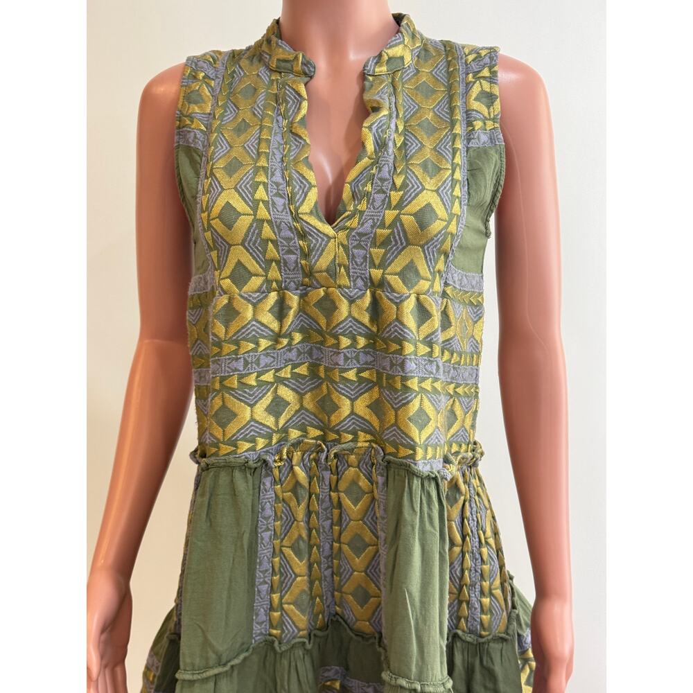Lace The Label Embroidered Tiered Mini Dress Womens XS Green Gold Cotton Greece - Picture 2 of 13